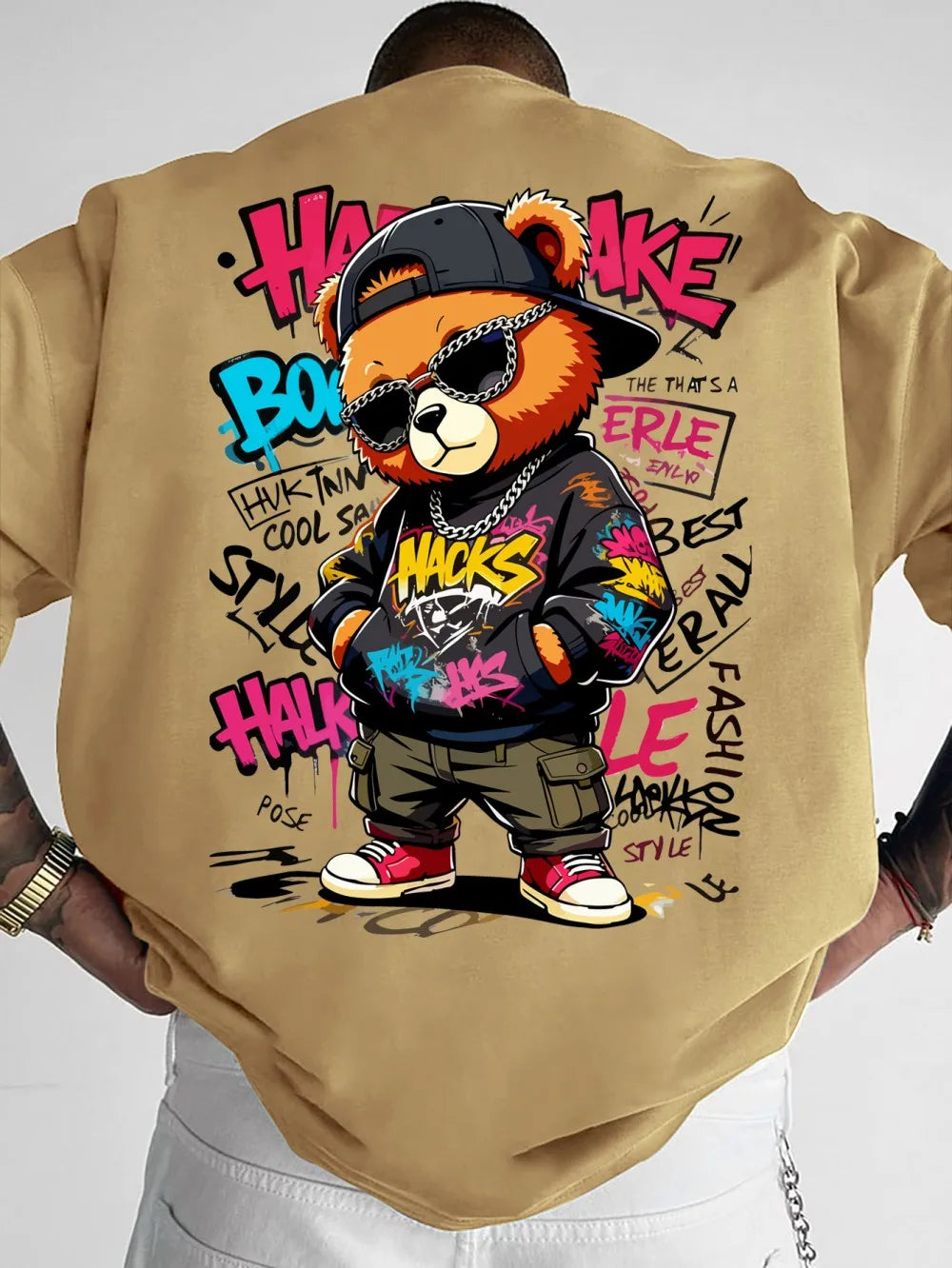 European and American Men's Summer Teddy Bear Graffiti Print Comfortable and Breathable Round Neck T-Shirt Outdoor Street Top
