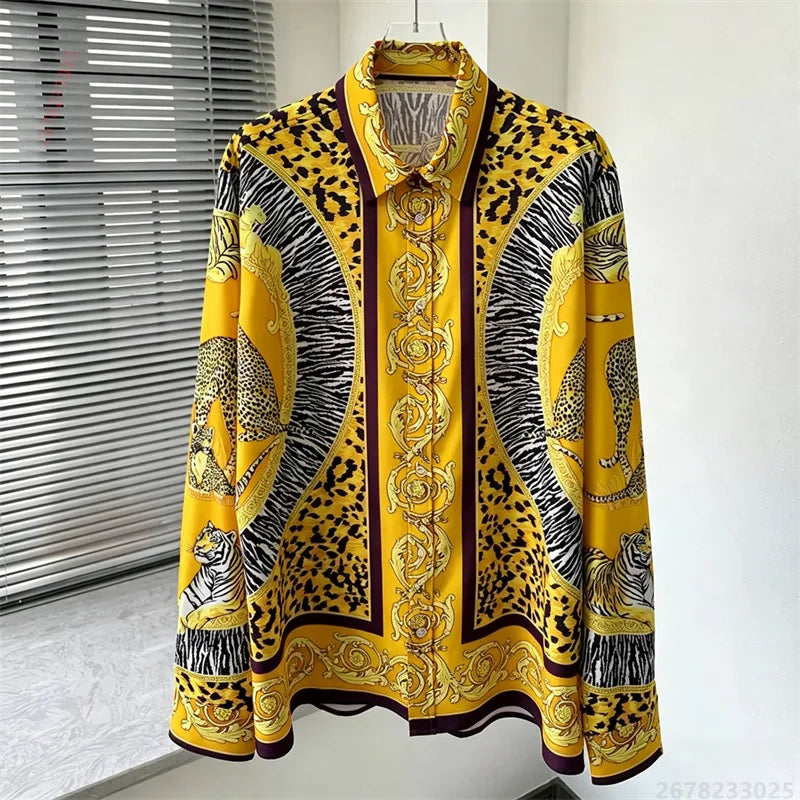 Men's shirt retro Baroque animal print shirt casual loose long sleeved shirt light luxury design sense men's top XS-6XL size