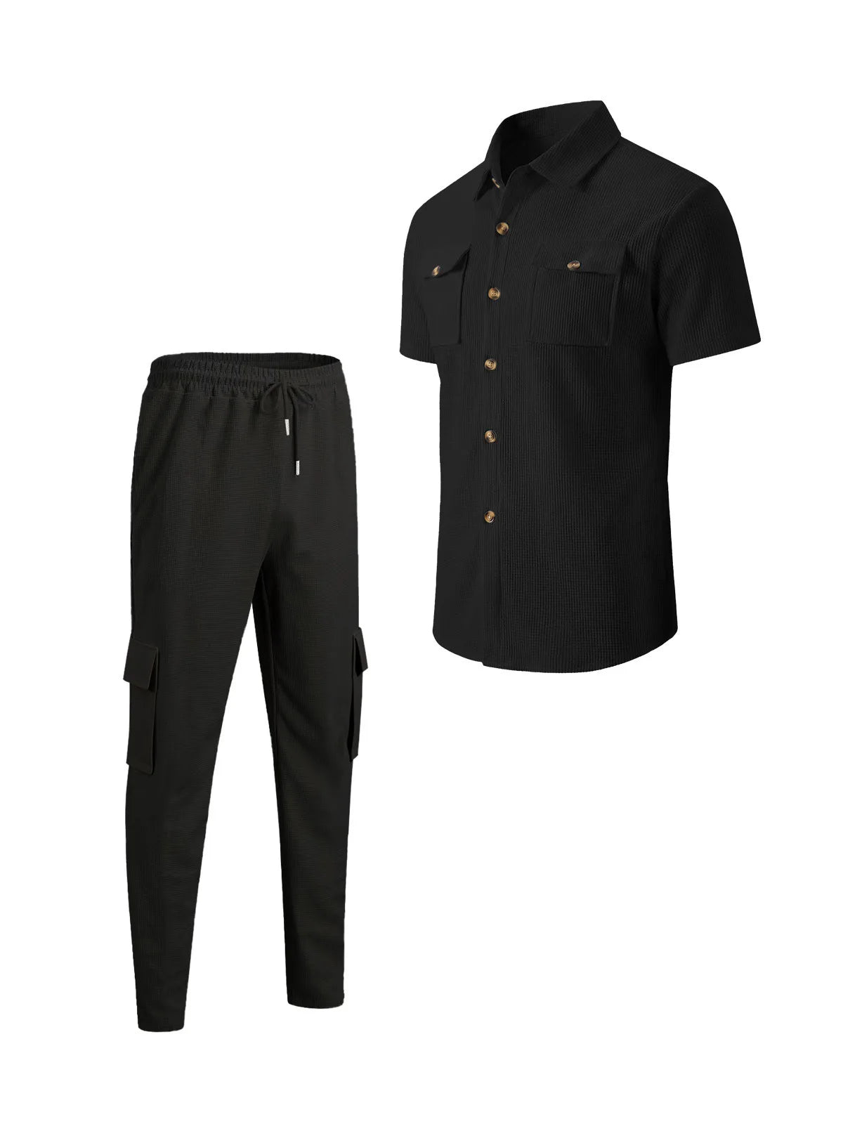 Men's Matching Sets: Waffle Knit 2PC Outfit & Light Coats, Short Sleeve Cargo Shirt & Drawstring Multi-Pkt Pants for Daily