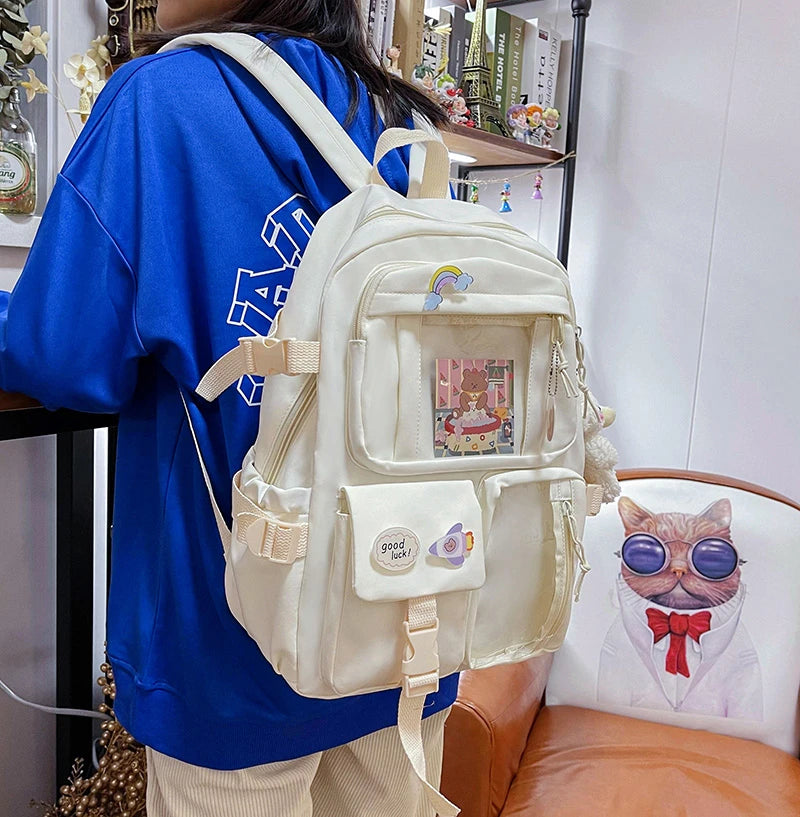 Cute Women’s Waterproof Nylon Backpack – Multi-Pocket Kawaii School Bag, Laptop & Book Pack for Girls, Stylish Student Travel Backpack