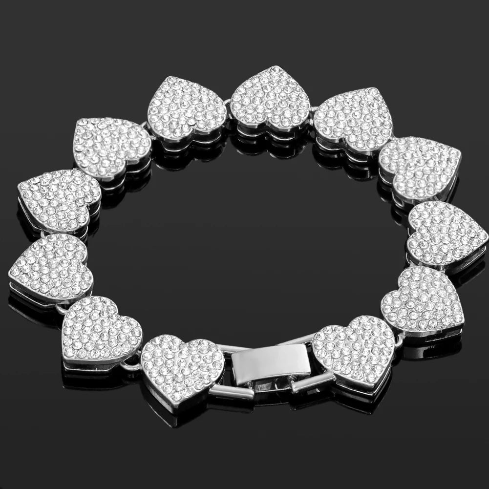 Iced Out Pink Cuban Bracelet Set for Women – 4Pcs Hip Hop Crystal Heart, Circle & Square Gold/Silver Tone Bracelets, Fashion Jewelry Gift