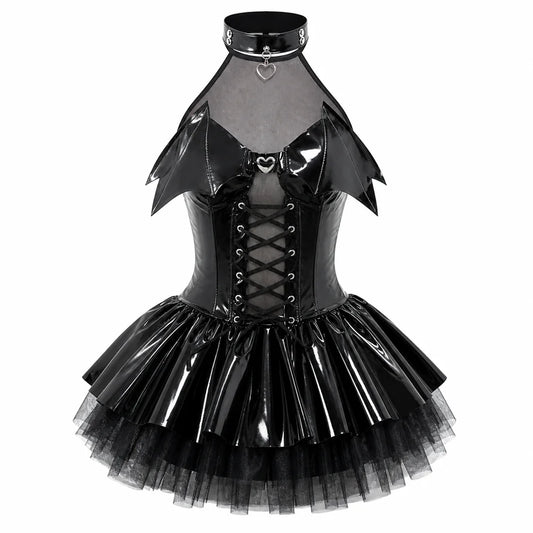 Women Leather Bodysuit Lolita Skirt Set Uniform Suit Sexy Maid Outfit Christmas Cosplay Costume Bat Imp Western IP Roleplay