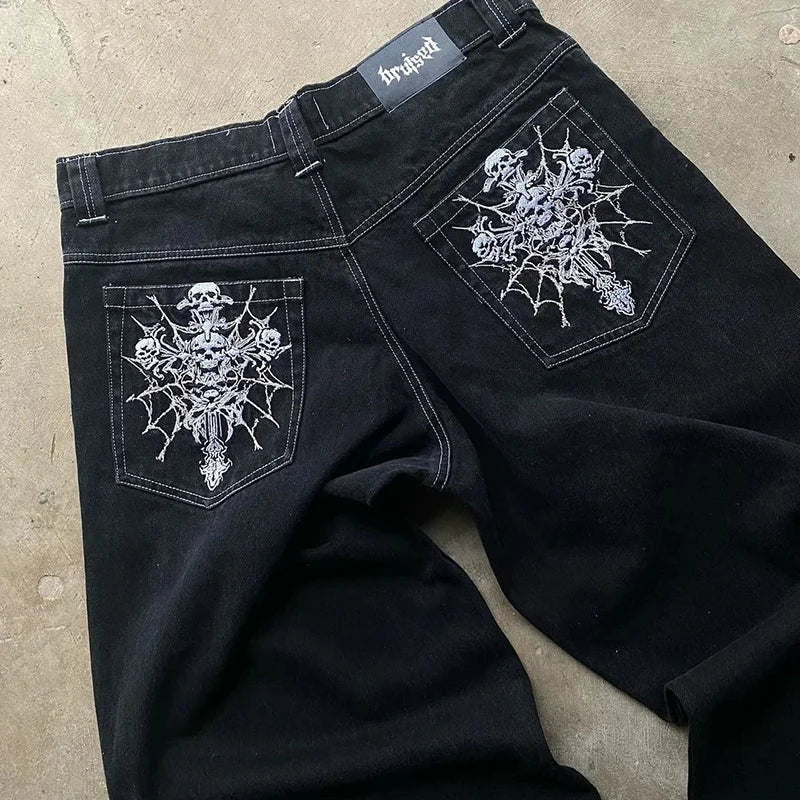 New Y2K Streetwear Jeans American Street Clothes Mens Womens Harajuku Skull Straight Wide-leg Pants Hip-hop Casual Hoodie Top