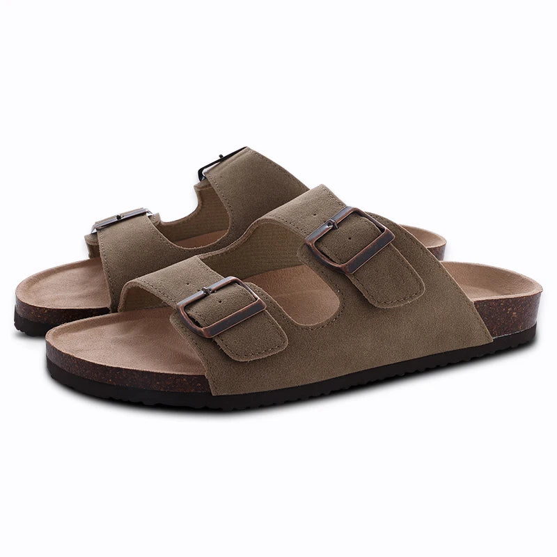 Comwarm Classic Cork Slippers For Women New Fashion Suede Flats Sandals Summer Couple Beach Slides Shoes With Adjustable Buckle