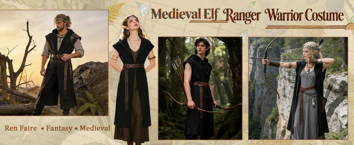 Verceco Men’s Renaissance Costume Set – Medieval/Renaissance Costume for Men with Hooded Surcoat Leather Belt & Bracers