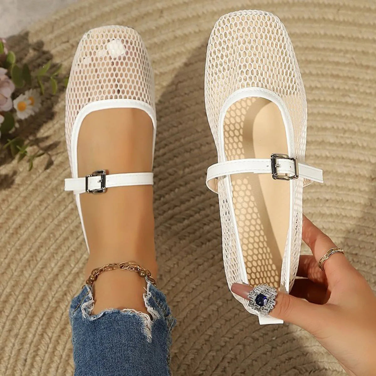Women's Autumn Mesh Hollow Breathable Casual Ballet Flats 2026 New Solid Color Anti-Slip Comfortable Lightweight Low-top Shoes