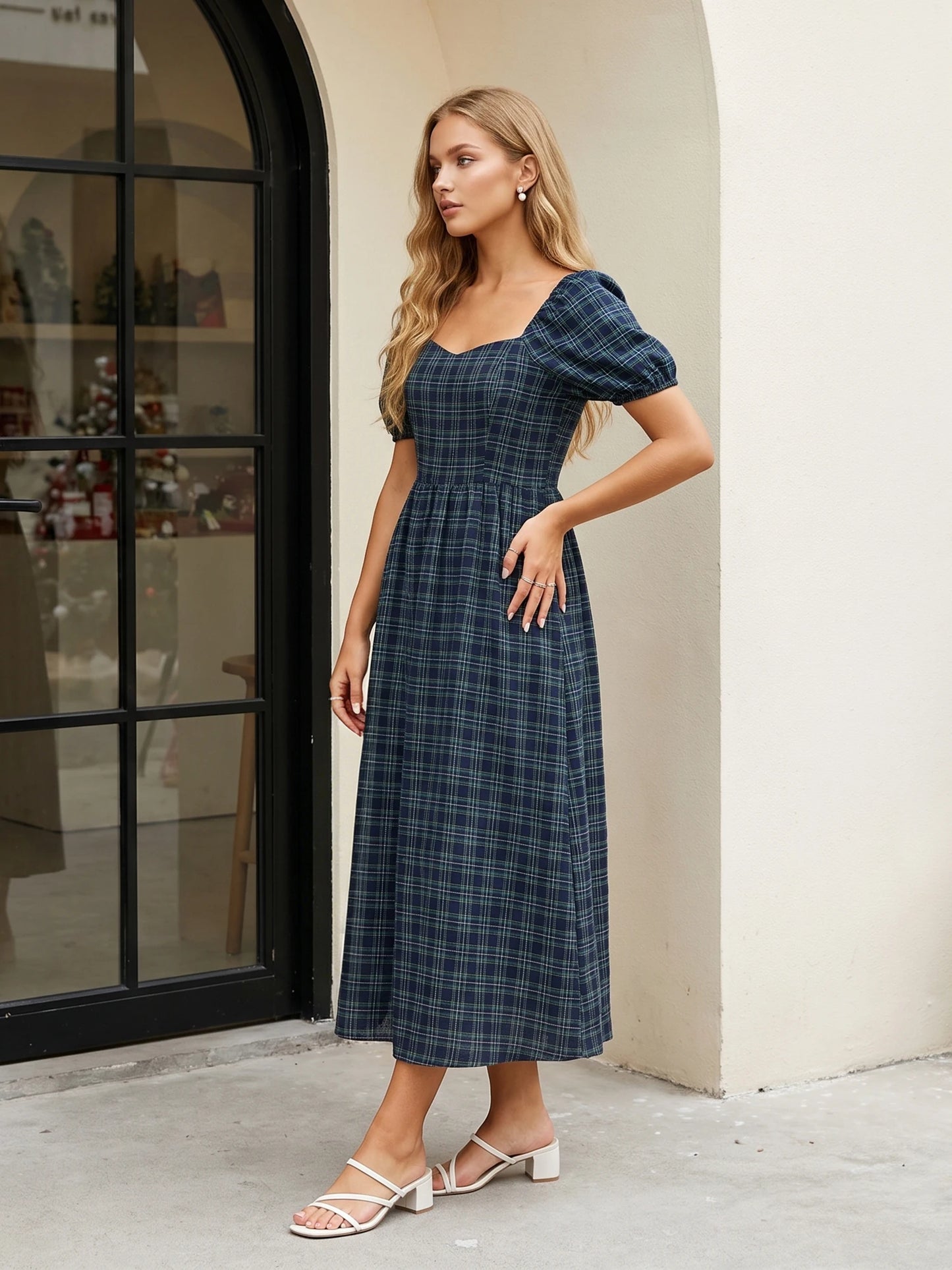 Plaid Puff-Sleeve Midi Dress