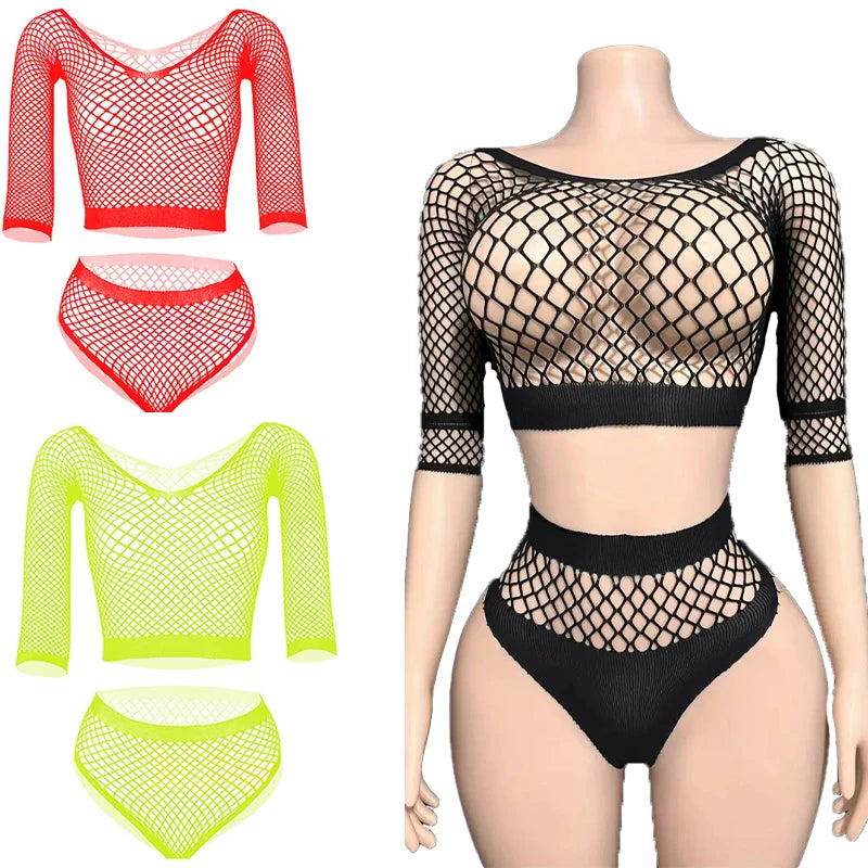 Sexy Pure Desire Underwear Women's Thin Transparent Temptation Mesh Clothes Hollow Mesh Top Shorts Romantic Three Point Set