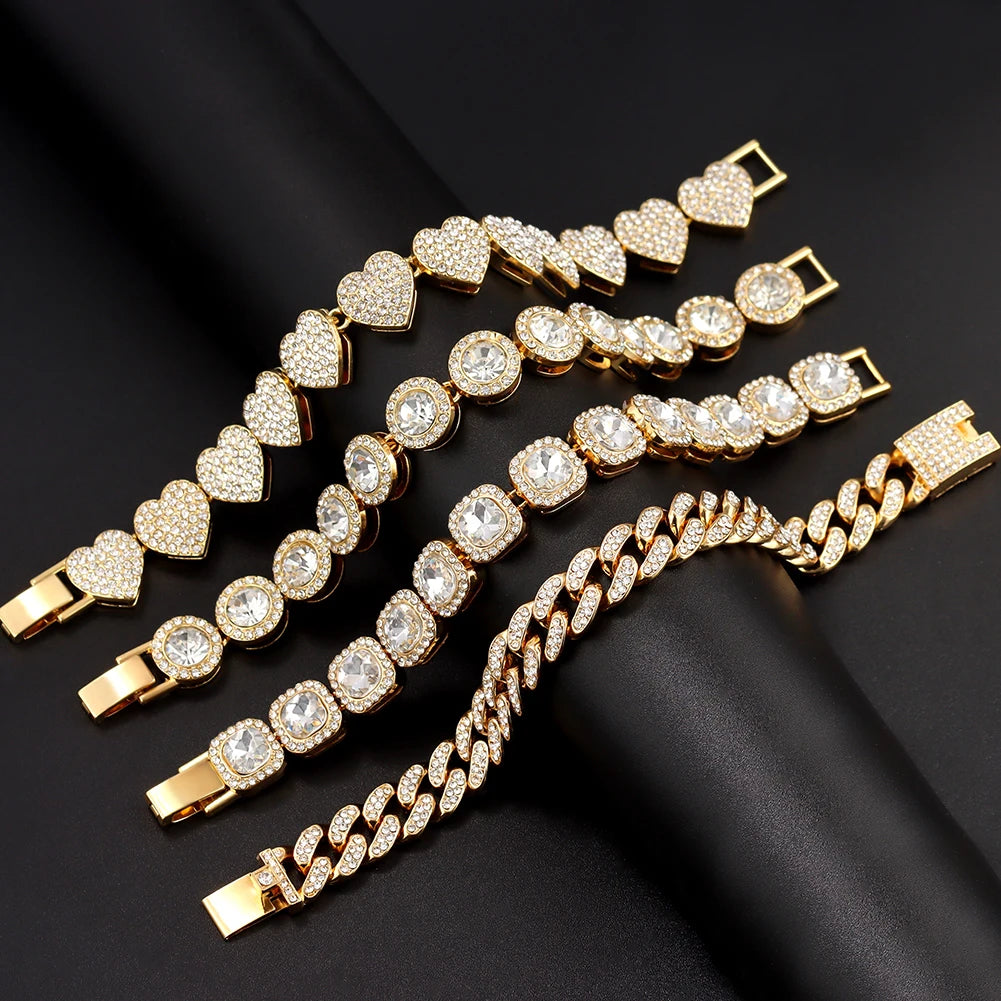 Iced Out Pink Cuban Bracelet Set for Women – 4Pcs Hip Hop Crystal Heart, Circle & Square Gold/Silver Tone Bracelets, Fashion Jewelry Gift