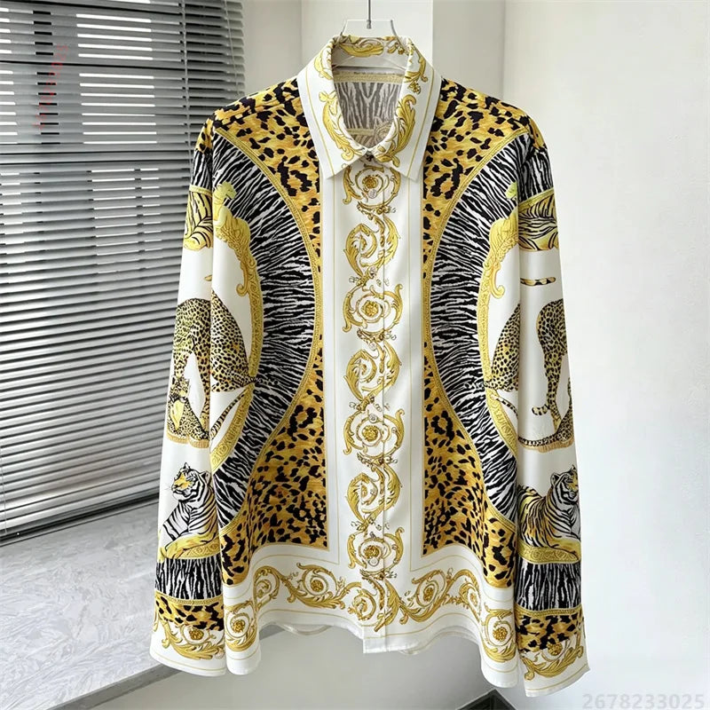 Men's shirt retro Baroque animal print shirt casual loose long sleeved shirt light luxury design sense men's top XS-6XL size