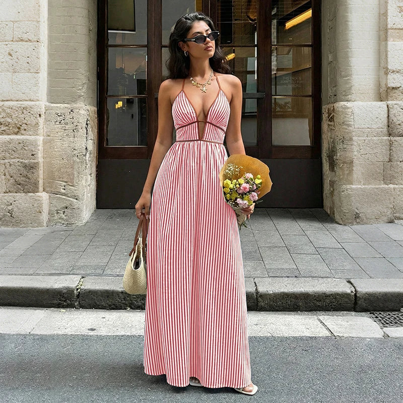 Women’s Striped Backless Maxi Dress