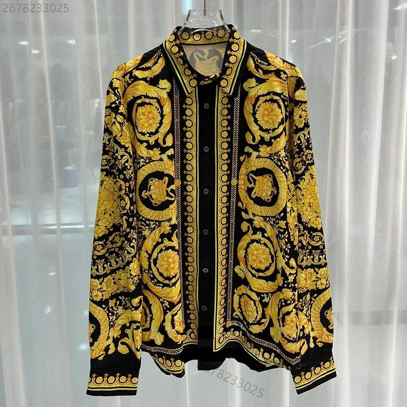 Men's shirt retro Baroque animal print shirt casual loose long sleeved shirt light luxury design sense men's top XS-6XL size