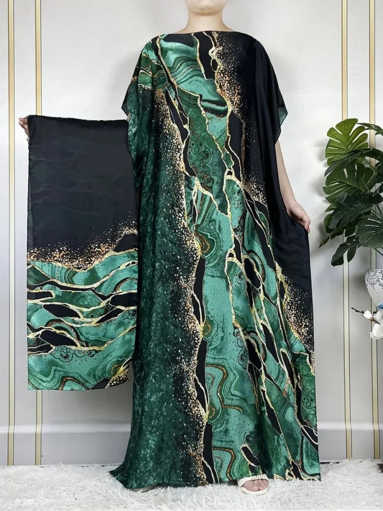 Women’s Luxury Satin-Style Printed Abaya Dress