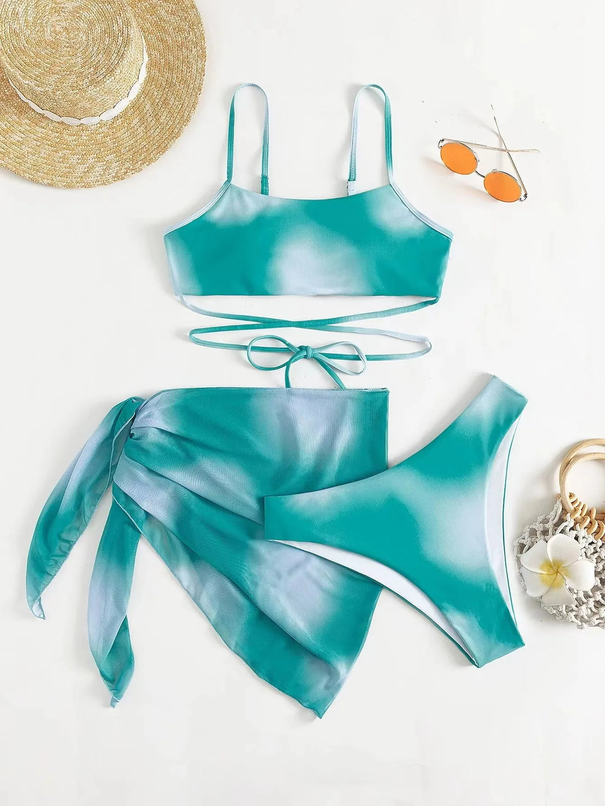 Tie Dye Bikini Swimsuit Women's Three Piece Set Mesh Skirt Split Body Suspender Fashionable Swimsuit Padded Bikini Set Swimwear