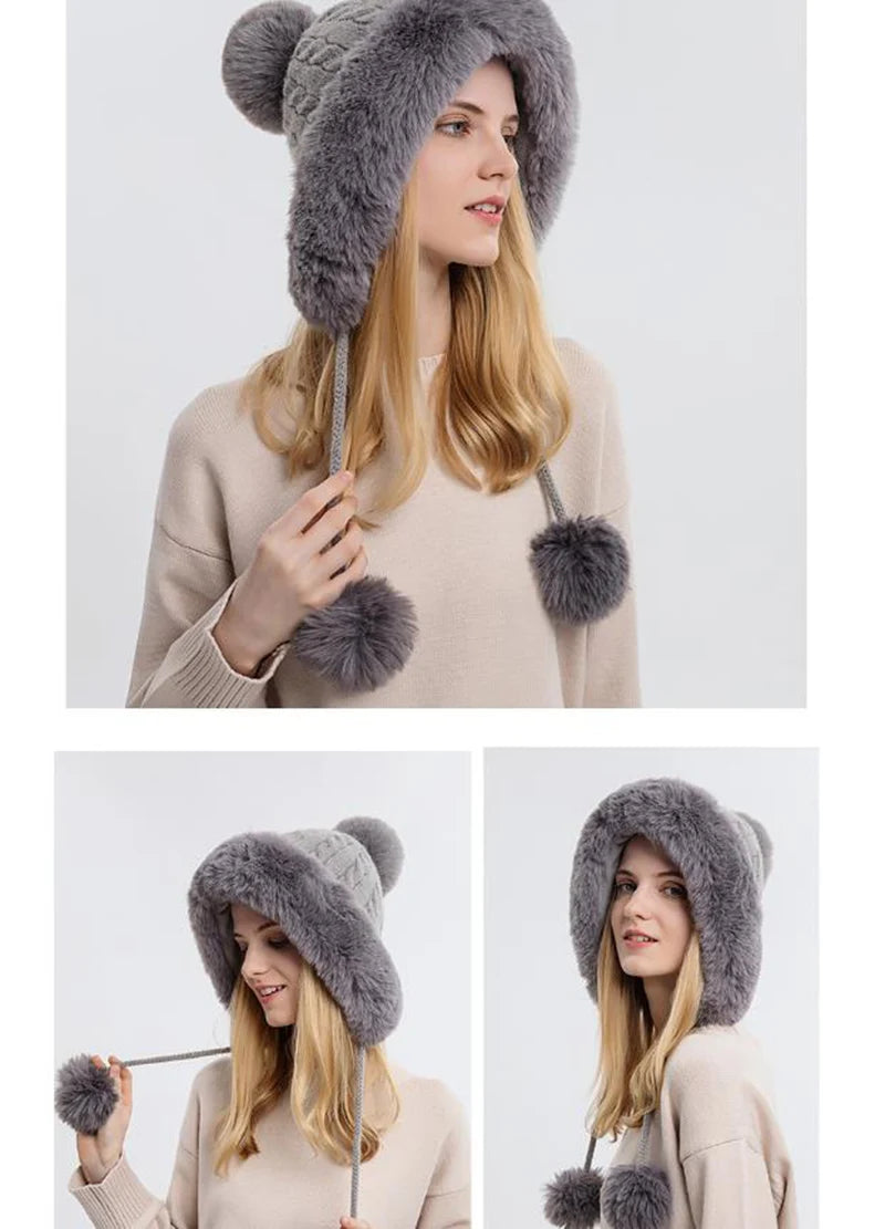 Winter Hat For Women Hooded Face Mask Fluff Keep Warm Thicken Style Neck Scarf Hooded Cap Beanie Knitted Cashmere Neck Warmer