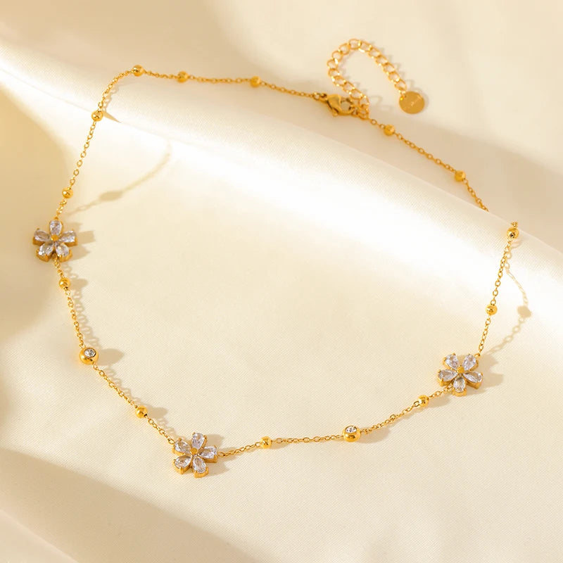 EILIECK 316L Stainless Steel White Zirconia Flower Petal Necklace Bracelet & Earrings Set for Women – Trendy Jewelry Party Gift