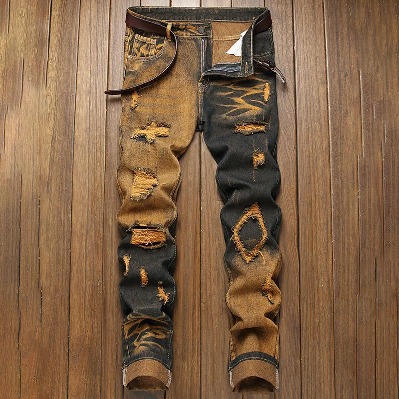 New Retro Jeans Men's Straight Leg Pants Ripped Jeans Fashionable Casual Pants Trousers Pants Street Wear Clothing