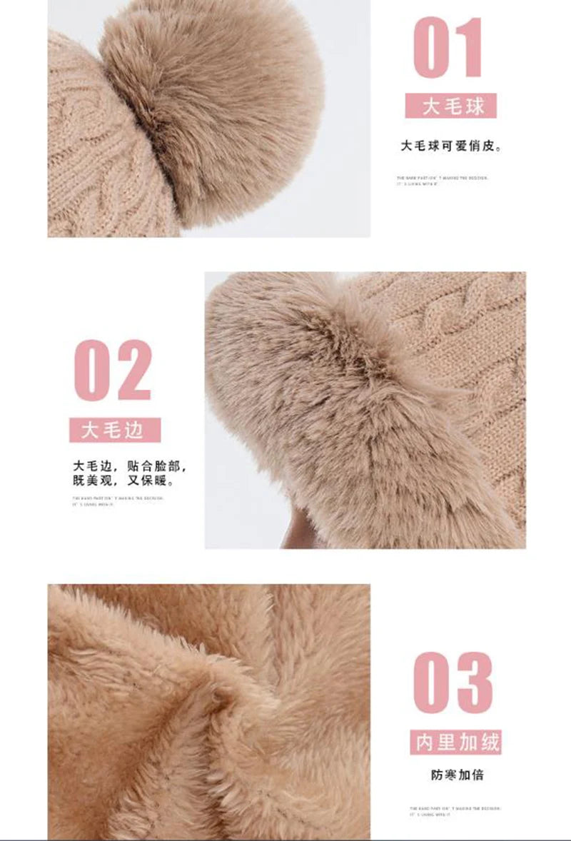 Winter Hat For Women Hooded Face Mask Fluff Keep Warm Thicken Style Neck Scarf Hooded Cap Beanie Knitted Cashmere Neck Warmer