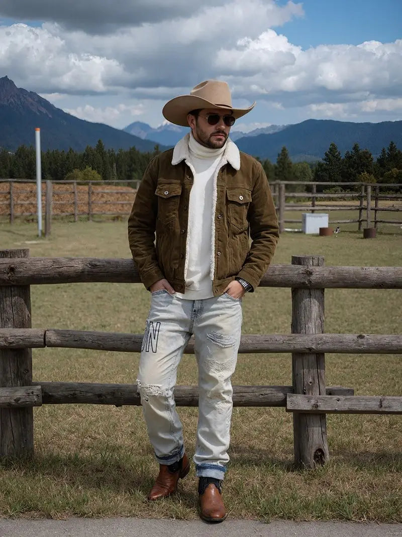 【HME】Men's jeans | Straight‑Fit Western Style Denim Pants For Men, Light‑Wash Destroyed Denim Trousers, Loose Comfort Casual pants, Fashion Letter Graphic Denim Bottoms, Ideal Match With Cowboy Boots For Street And Ou