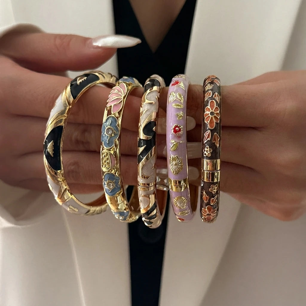 Elegant Enamel Flower Bracelet for Women – Retro Gold-Plated Evil Eye Floral Zircon Bangle, Vintage Party Jewelry