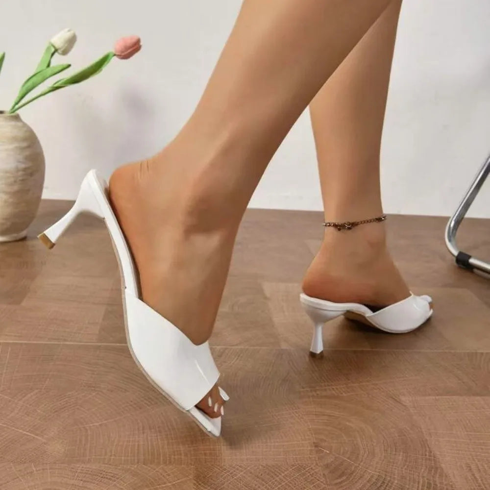 Women’s Elegant Peep Toe Stiletto Heel Sandals Slip-On Open Toe Mid Heel Summer Office Party Dress Shoes