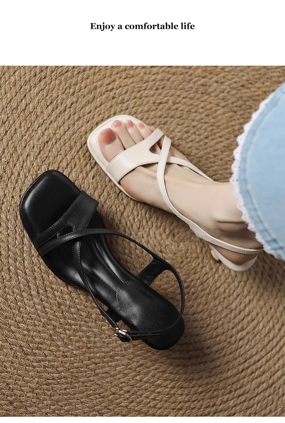 Women’s Elegant Square Toe Cross Strap Sandals Low Heel Buckle Soft Sole Comfortable Summer Dress Fashion Shoes