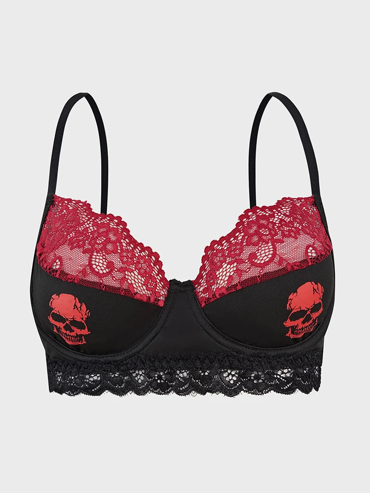 Ultra-Thin Lace Edged Skull Print Bra with Steel Ring Underwear Women's Fashionable Skeleton Patterned Bralette