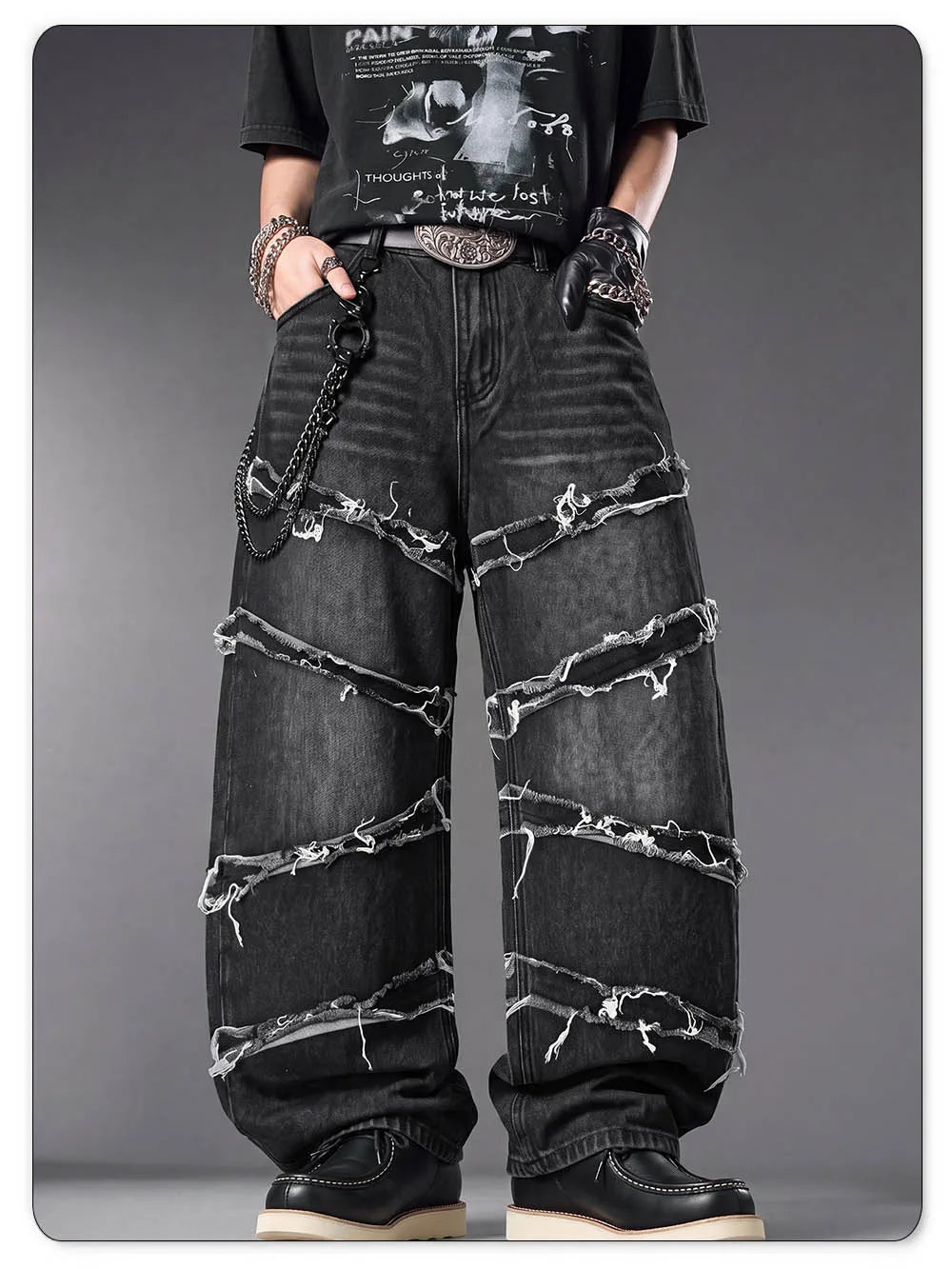 LIYS Men's Gothic Baggy Jeans Raw Frayed Edge Deconstructed Patchwork Wide Leg Denim Pants Y2K Punk Streetwear Trousers ﻿
