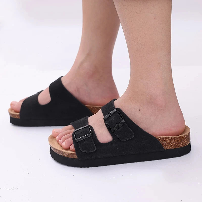 Litfun Classic Leather Cork Slippers Women Fashion Suede Flats Sandals Thick Footbed Cork Slides Unisex Outdoor Beach Slippers