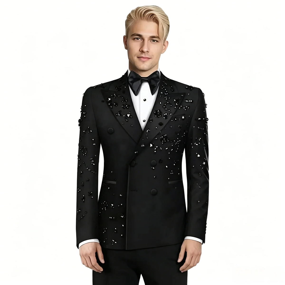 Luxury Black 2 Pieces Set Men's Suits Crystals Peaked Lapel Groom Wedding Formal Male Party Prom Tuxedos Best Man Blazers