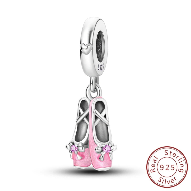925 Sterling Silver Pink Ballet Girl Bow Pendant Charm Bead for Women – Elegant DIY Jewelry Making Charm for Bracelets & Necklaces