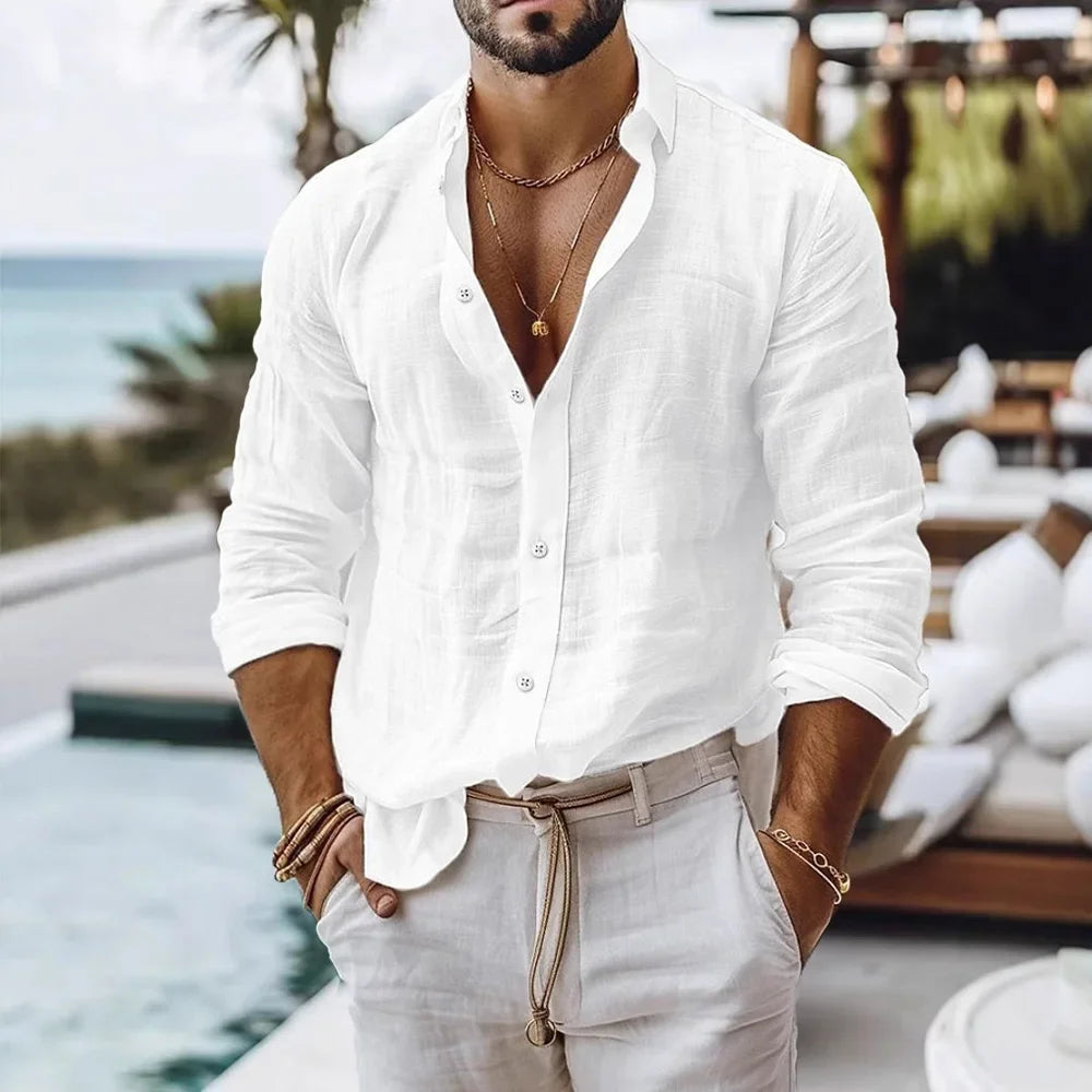 Men's Lightweight Cotton Linen Button-Down Beach Shirt