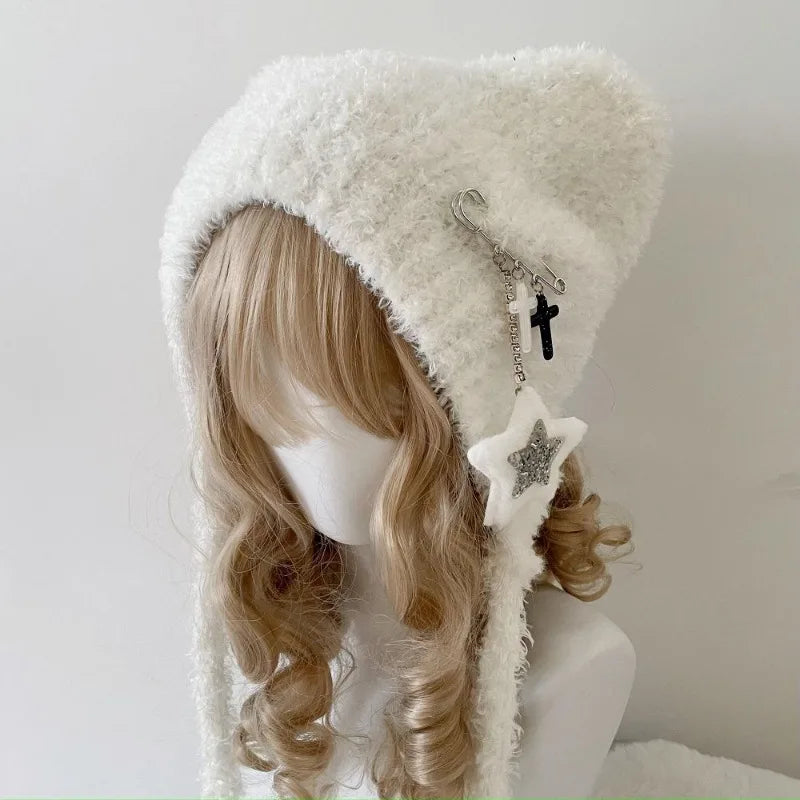 Y2K Cute Star Knitted Beanie Hat Ins Cute Japanese Gorras Knitting Wool Warm Cap Autumn Winter Cat Ears Pointed Women Hats