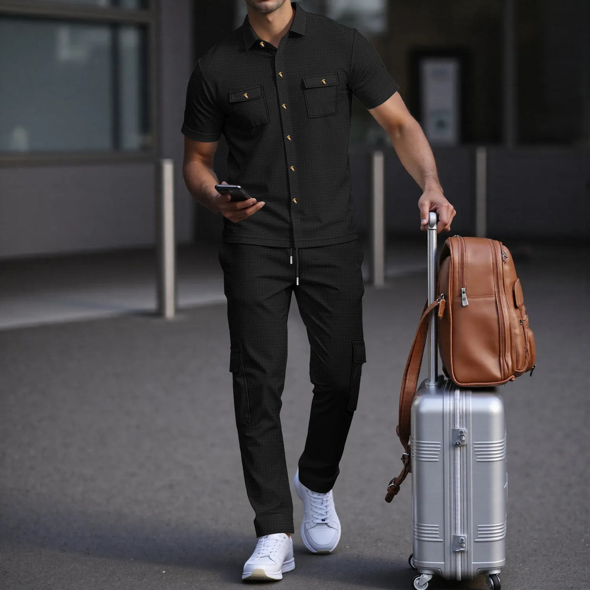 Men's Matching Sets: Waffle Knit 2PC Outfit & Light Coats, Short Sleeve Cargo Shirt & Drawstring Multi-Pkt Pants for Daily