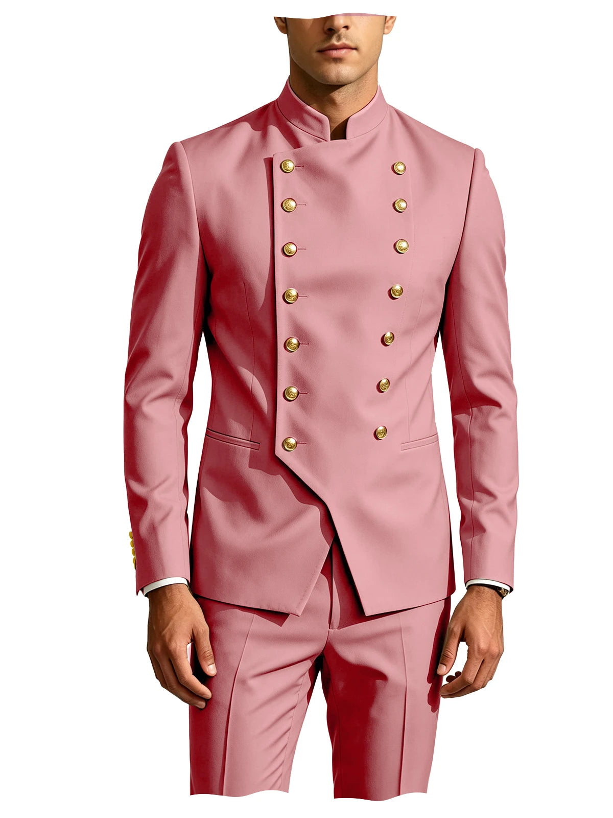 Men's Double Breasted Stand Collor Suit 2 Pieces Blazer Pants Set Slim Fit Business Casual Suit Jacket Formal Wedding Tuxedo