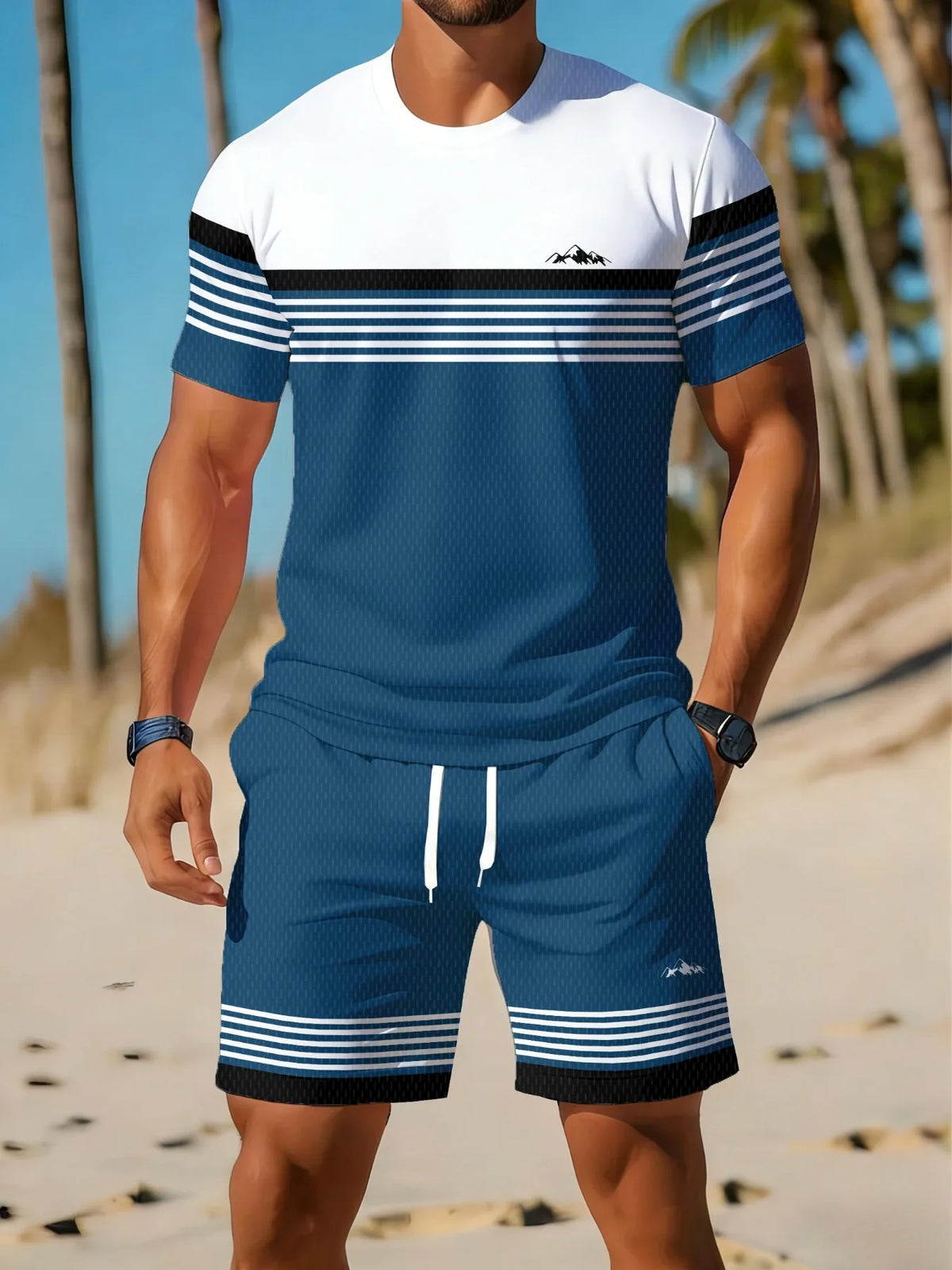 Casual Holiday Beach Men's T-shirt And Shorts 2 Pieces Sets Summer Men's Suit Clothing Stripe Print Short Sleeve Tee Shorts Set