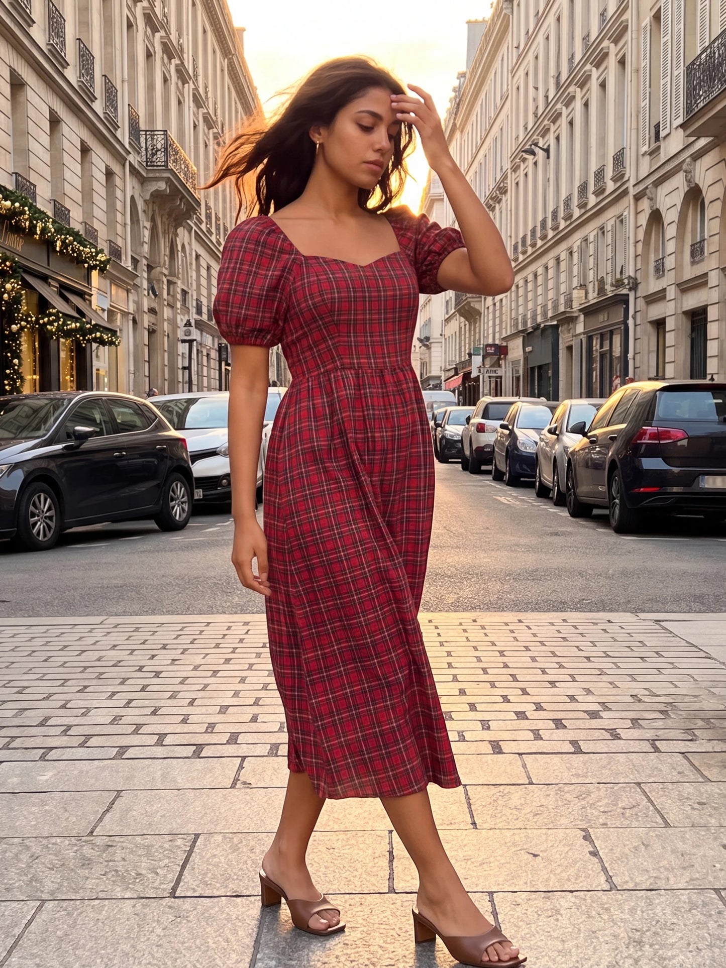 Plaid Puff-Sleeve Midi Dress