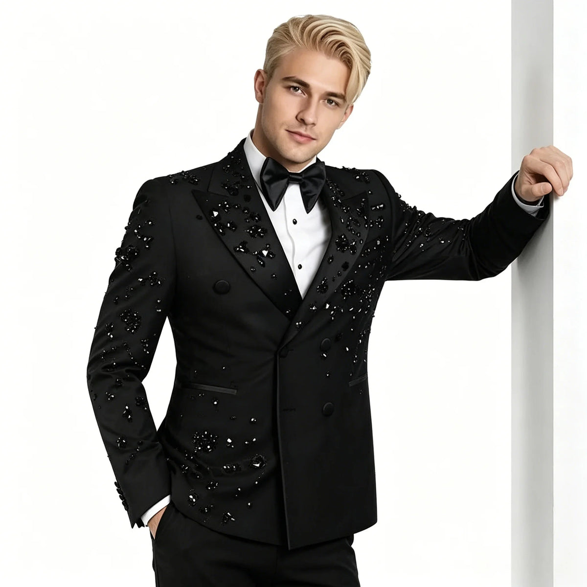 Luxury Black 2 Pieces Set Men's Suits Crystals Peaked Lapel Groom Wedding Formal Male Party Prom Tuxedos Best Man Blazers