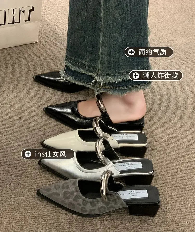 2026 New Women Cover Toe Mules Slippers Fashion Metal Decoration Thick Heel Slide Shoes Comfort Street Style Footwear