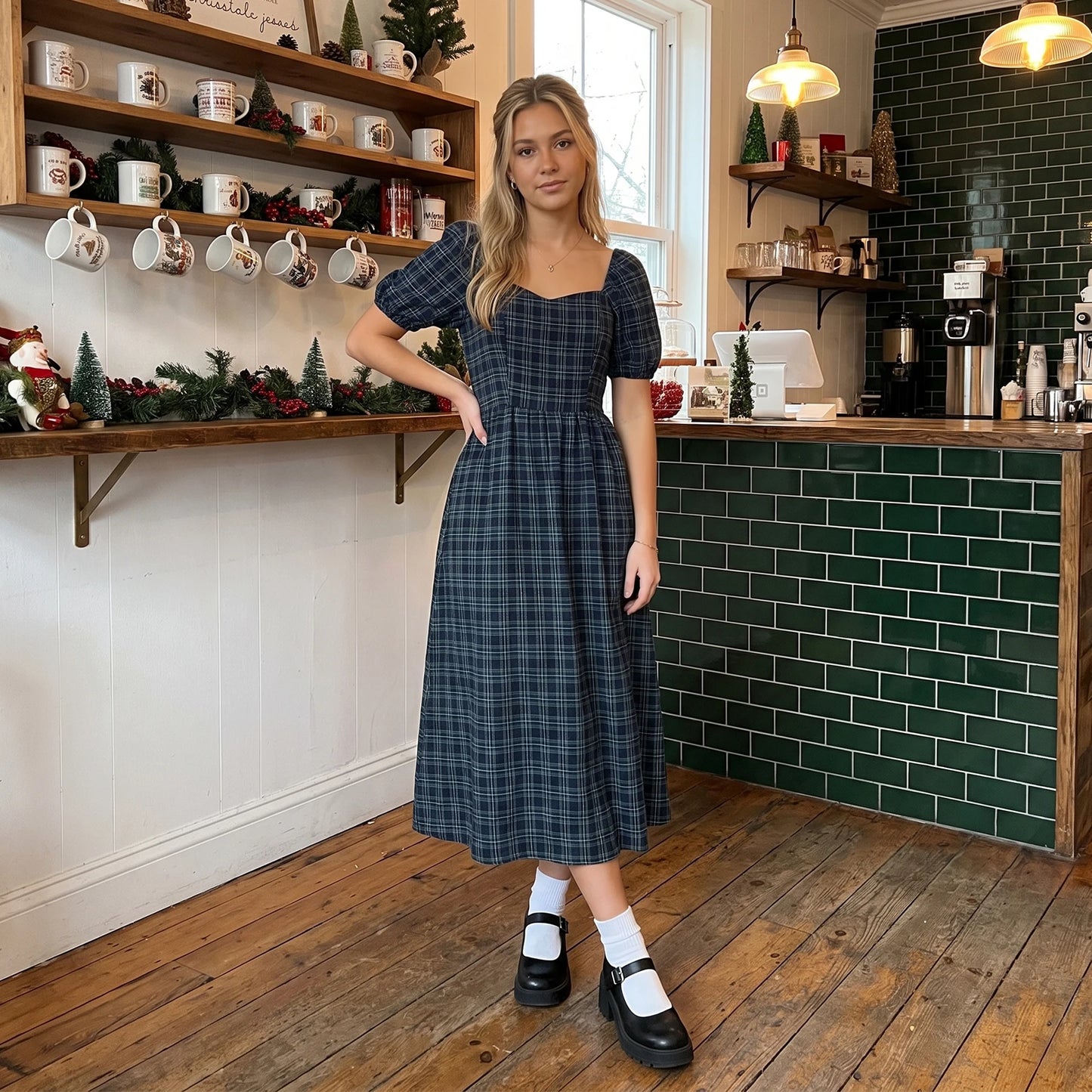 Plaid Puff-Sleeve Midi Dress