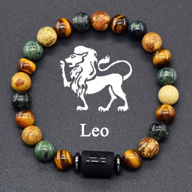 12 Zodiac Constellation Signs Bracelet for Men & Women – Natural Tiger Eye Stone Beaded Bracelet, Leo Taurus Charm Couple Jewelry