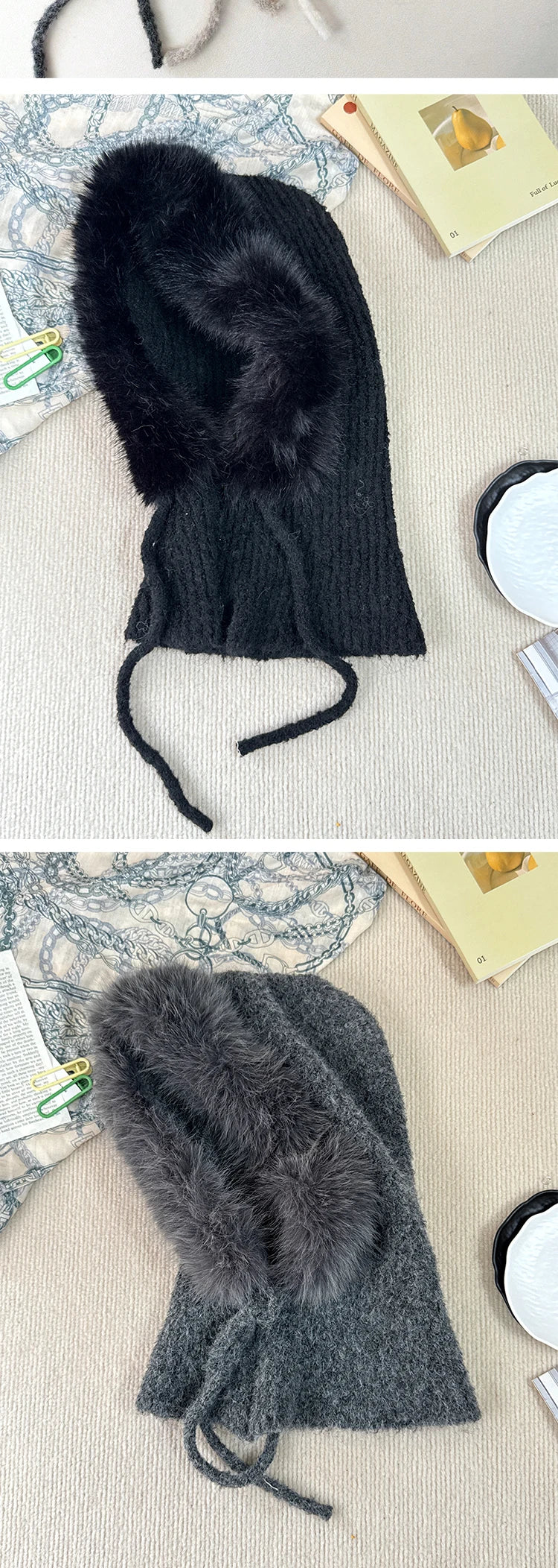 New Balaclava Women's Winter Wool Knitted Hat Ski Windproof Hat Thick Plush Fluffy Beanies Hood Pullover Hats for Riding Outdoor