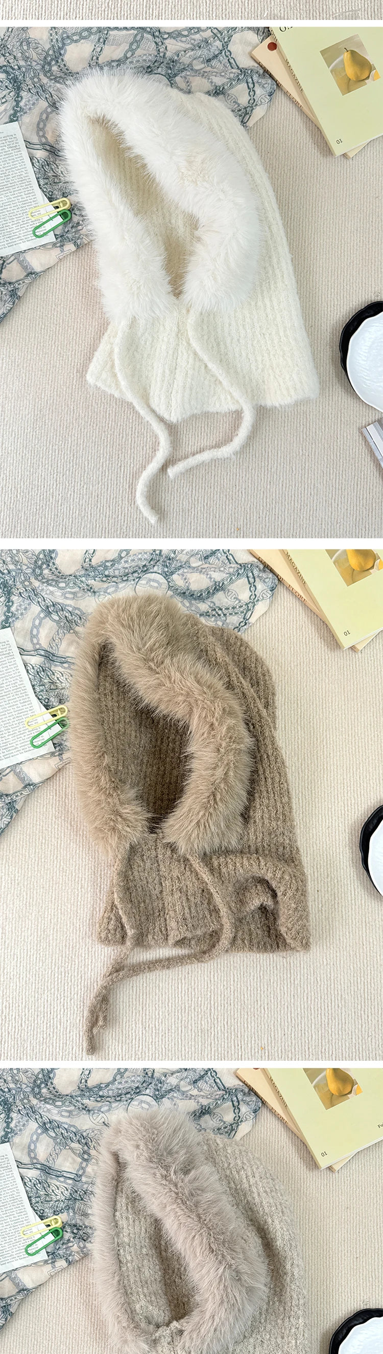 New Balaclava Women's Winter Wool Knitted Hat Ski Windproof Hat Thick Plush Fluffy Beanies Hood Pullover Hats for Riding Outdoor