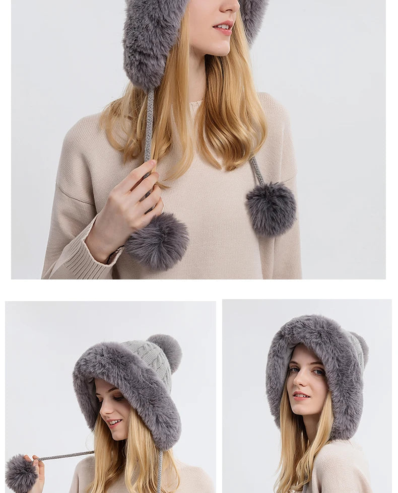 Winter Fluffy Fur Kintted Cap for Women Russian Lady Soft Warm Ear Protection Hats Female Outdoor Plush Coldproof Ball Beanies