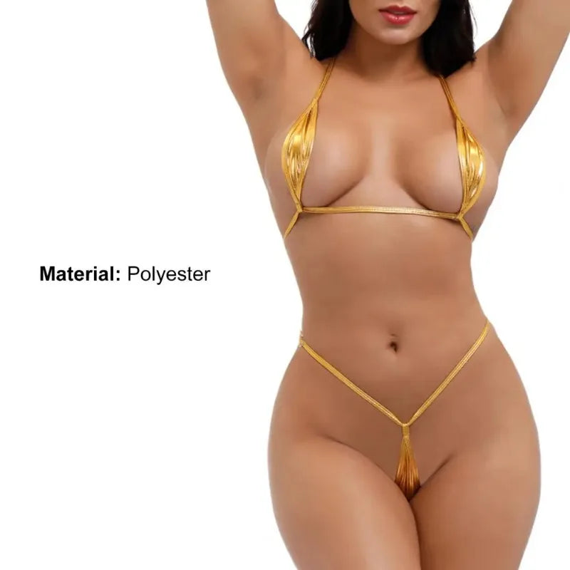 Swimwear Shiny Women Erotic Mini Bikini Lingerie Set Halter Neck Bra Micro G String Thong Underwear PU Patent Swimsuit Leather