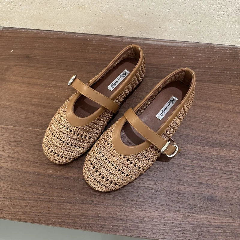 2026 Summer Breathable Hollow out Weave Women Ballet Flats Fashion Mary Janes Soft Soles Walking Loafers Casual Girls Shoes